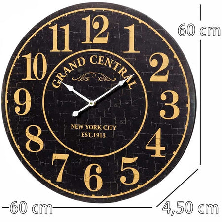 Orologi da Parete Silenzioso in Legno Nero e Oro Design Vintage Diametro 60 cm