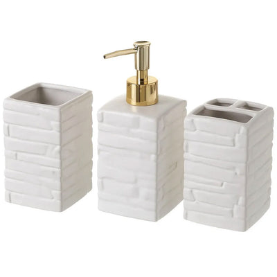 Set 3 Pezzi da Bagno in Ceramica Dispenser Porta Spazzolini Bicchiere Bianco Oro
