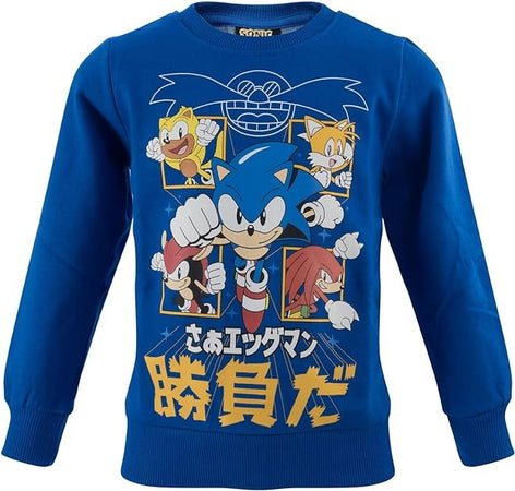 Sonic Felpa Bambino Girocollo Blu Stampa Sonic Multicolore Ufficiale Sega Interno Felpato Senza Cappuccio