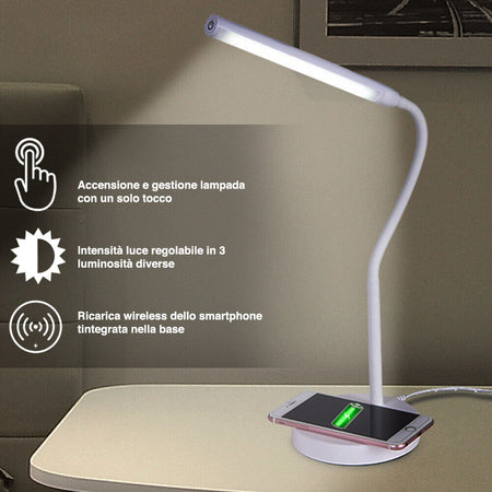Lampada Scrivania Touch con Caricatore QI Wireless Charger Luce LED Dimmerabile