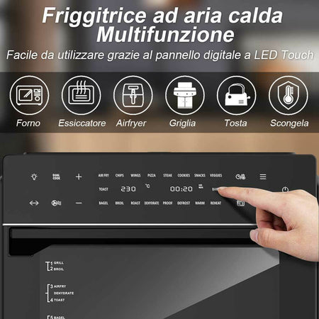Forno Friggitrice Ad Aria Calda 30Lt Digitale 1800W Frigge Cuoce Senza Olio Nero