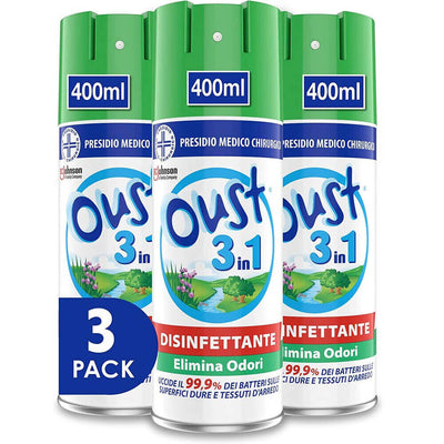 3 x Oust 3in1 Spray Deodorante Disinfettante Superfici e Tessuti Promo pack