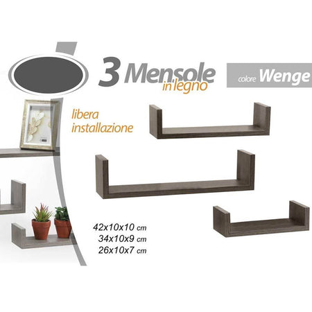 Set 3 Mensole da Parete Moderne Design con Bordi Mensola Scaffale Legno Wenghe