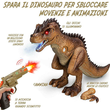 Palyset Dinosauro T-Rex Camminante + Pistola Giocattolo Bambini Luci Suoni Fumo