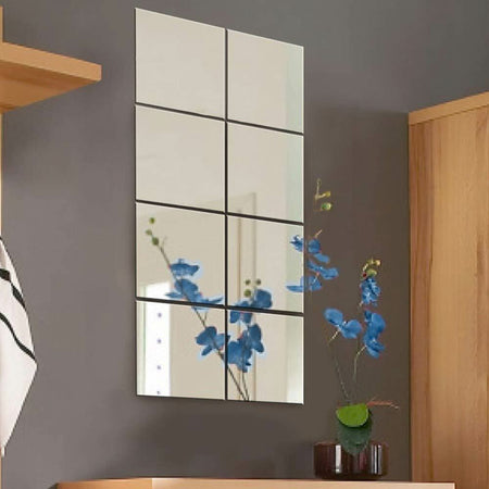 Set 8 Specchi Quadrati Mosaico Adesivi Specchio 15x15cm Decorazione Parete Casa