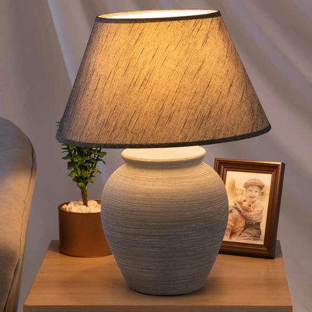 Lampada da Tavolo Lume Comodino Ceramica Tessuto Grigio Design Moderno Abatjour