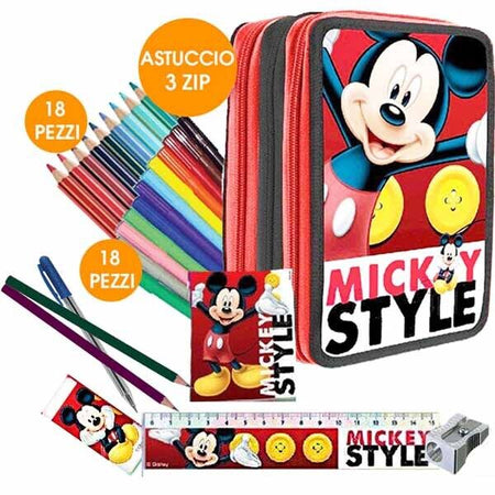 Kit Scuola School Pack Zaino Estensibile + Astuccio 3 Zip Disney Mickey Mouse