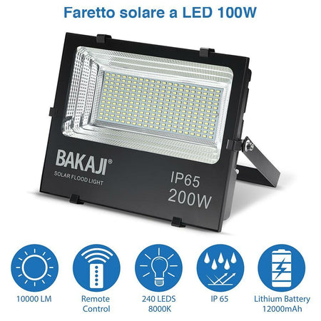 Faro LED 200W Pannello Solare Luce Esterno Alta Luminosita 2000 lm + Telecomando