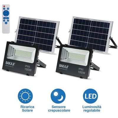 Set 2 Fari LED 100W Pannello Solare Luce Esterno Dimmerabile 1000lm + Telecomand