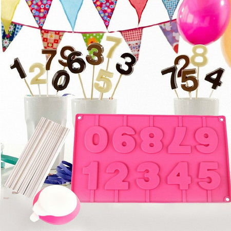 Stampo in Slicone per Choco Cake Pops Forma Numeri Stecchi e Dosatore per Feste