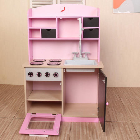 Cucina Legno Giocattolo per Bambini con Anta e Cassetti Lavagna 60x30x90cm Rosa