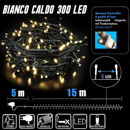 Catena Luminosa 300 Luci LED Lucciole Bianco Caldo Controller 8 Funzioni Esterno