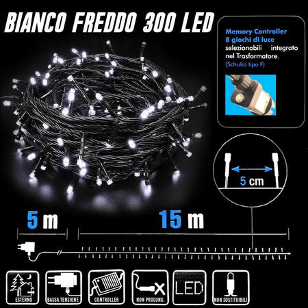 Catena Luminosa 300 Luci LED Lucciole Bianco Freddo Controller 8 Funzioni Estern