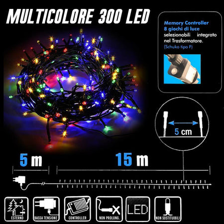 Catena Luminosa 300 Luci LED Lucciole Multicolore Controller 8 Funzioni Esterno