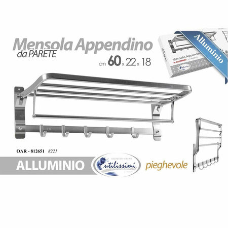 Mensola Portasciugamani Bagno Pieghevole con 5 Ganci Appendiabiti in Alluminio