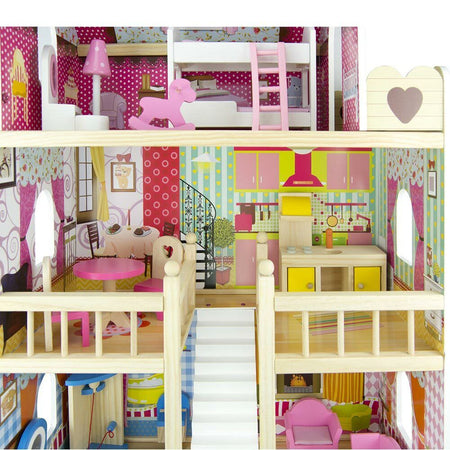 Casa Bambole in Legno Giocattolo Bambini 3 piani con Mobili e Accessori 60x30x90