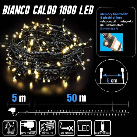 Catena Luminosa 1000 Luci LED Lucciole Bianco Caldo Controller 8 Funzioni Estern