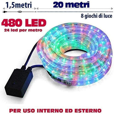 Tubo Luminoso 20 metri LED Multicolor 480 Luci per interno e per Esterno