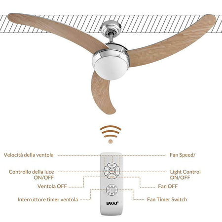 Ventilatore da Soffitto 3 Pale Legno con Lampada e Telecomando Diametro 122cm