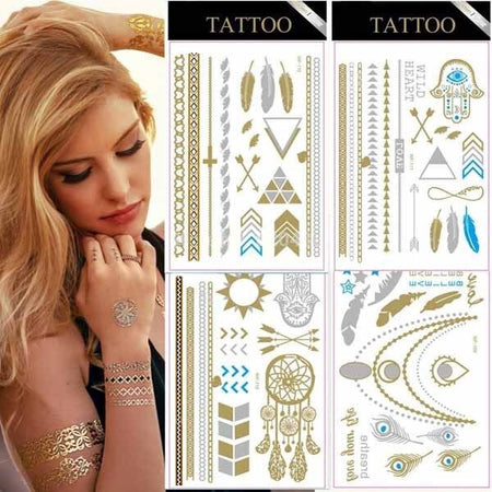 Tatoo Tatuaggi Stikers Gold Silver Metallic Temporanei da Applicare Assortiti