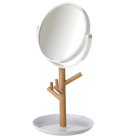 Specchio Cosmetico Fronte Retro Con Zoom Base Portaoggetti in Legno e Plastica