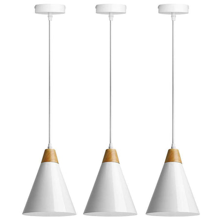 Set 3 Lampadari Sospensione Moderno Design Lampada Metallo Legno Bianco E27