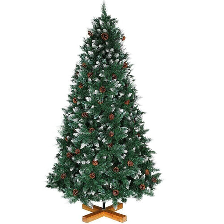 Albero Di Natale Innevato King Premium 150cm 530 Rami con Pigne e Base Legno