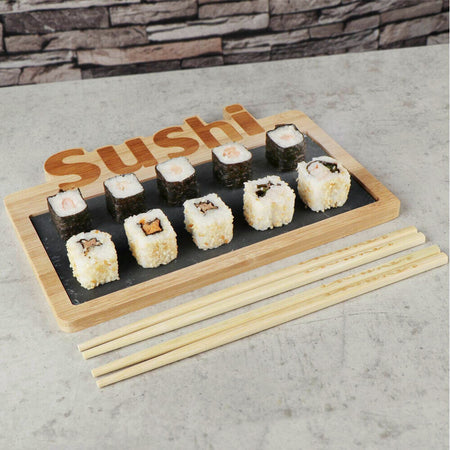 Set Sushi Cibo Giapponese 2 Persone Bacchette Legno Bamboo e Vassoio Ardesia 3pz