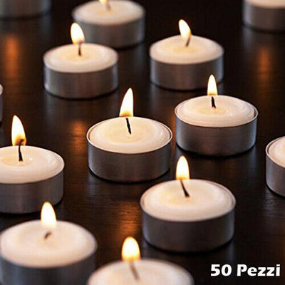 Set 50 Pezzi Tealight Candele Tea-light in Cera Biancha Tonde 575GR Durata 4 Ore