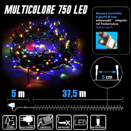 Catena Luminosa 750 Luci LED Lucciole Multicolore Controller 8 Funzioni Esterno