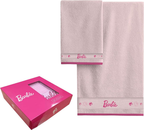 Barbie Mattel Set 2 Asciugamani Bagno Rosa Con Scatola Completo Asciugamano Viso + Asciugamano Ospite