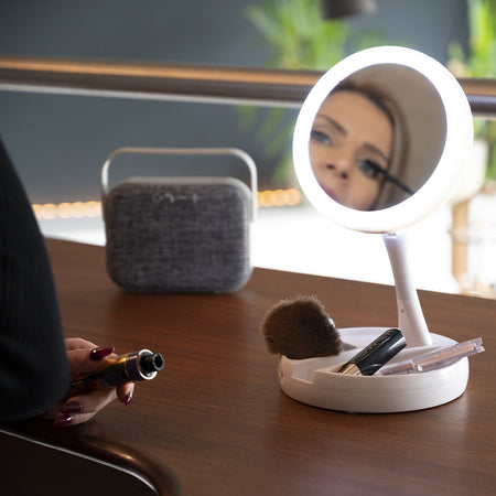 Specchio Cosmetico 21 Luci LED Pieghevole + Scomparti Porta Trucco Doppio Zoom