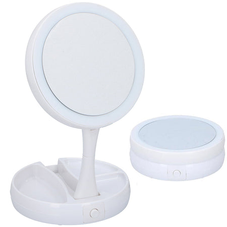 Specchio Cosmetico 21 Luci LED Pieghevole + Scomparti Porta Trucco Doppio Zoom