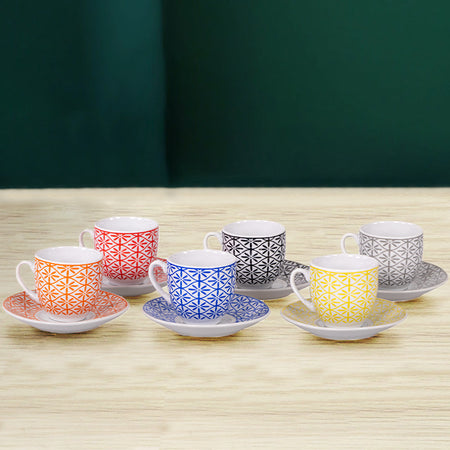 Set 6 Tazzine da Caffè 90 CC in Porcellana con Piattini Tazze Motivo Multicolore