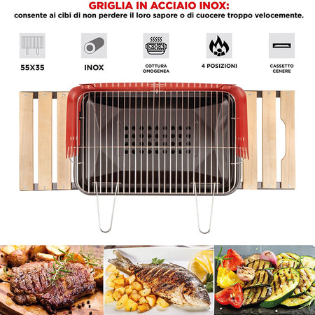 Barbecue Trolley a Carbonella In Metallo e Legno BBQ Braciere Portatile Ripiani