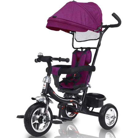 Triciclo Passeggino per Bambini a Pedali o Spinta Cinture Sicurezza e Cappottina