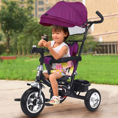 Triciclo Passeggino per Bambini a Pedali o Spinta Cinture Sicurezza e Cappottina