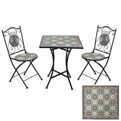 Tavolo mosaico metallo messina con due sedie azzurro quadro cm60x60h75