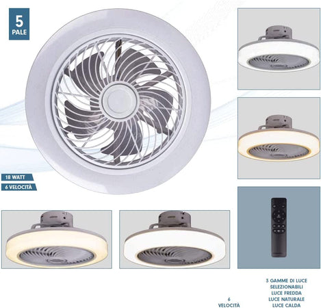 Lampadario Plafoniera con Ventilatore a Soffitto 6 Velocità Luce LED 18W e Timer
