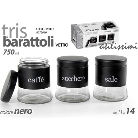 Set 3 Barattoli Porta Caffe Zucchero Sale 750ml Cucina Nero Design Moderno