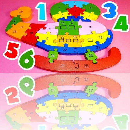 3d Puzzle Legno Forma Elicottero Educativo Lettere Numeri Bambini Imparare Dfh