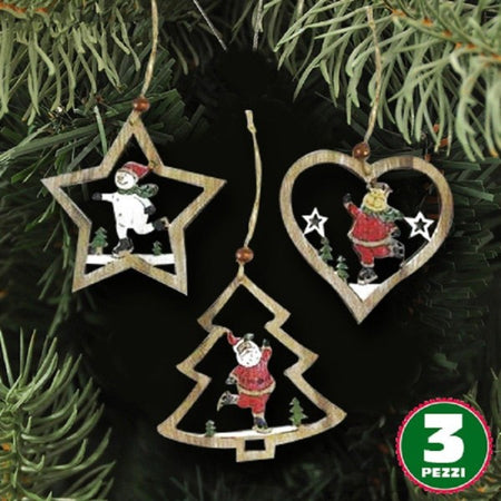 3pz Appendini Natale In Legno Forma Stella Albero Cuore Con Personaggio 10,5cm
