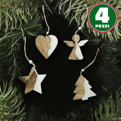 4 Appendini Natale In Legno Ovatta Forma Stella Albero Angelo Cuore 11cm Bianco