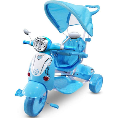 Triciclo per Bambini Vespina Azzurr Parasole Maniglia Direzionale Gioco Musicale