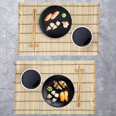 Set Sushi Cibo Giapponese 2 Persone Bacchette Legno Ciotole Tovagliette Naturale