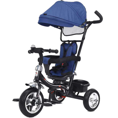 Triciclo Passeggino Blu Bambini a Pedali o Spinta Cinture Sicurezza e Cappottina