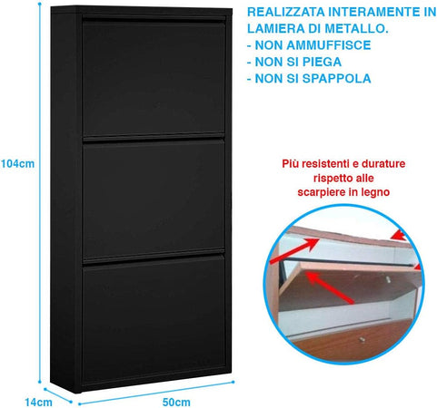 Scarpiera Slim Metallo 3 Ante Ripiani Portascarpe Salvaspazio 104x50x14cm Nero
