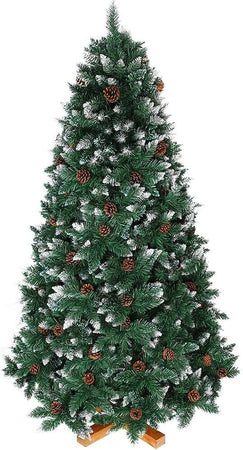 Albero Di Natale Innevato King Premium 210cm 1178 Rami con Pigne e Base Legno