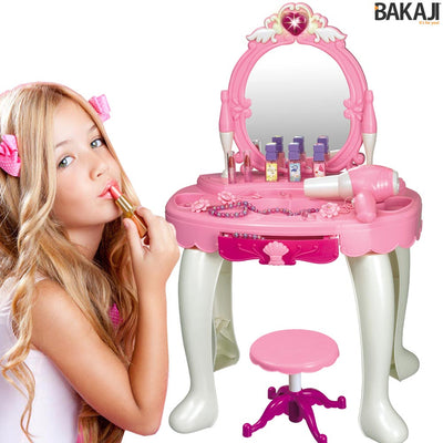 Specchiera Make Up Per Bambina Con Luci Suoni Asciugacapelli Reale E Sgabello