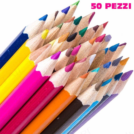 Set Pastelli Colorati 50 Pz. Matite In Legno Per Colorare Bambini